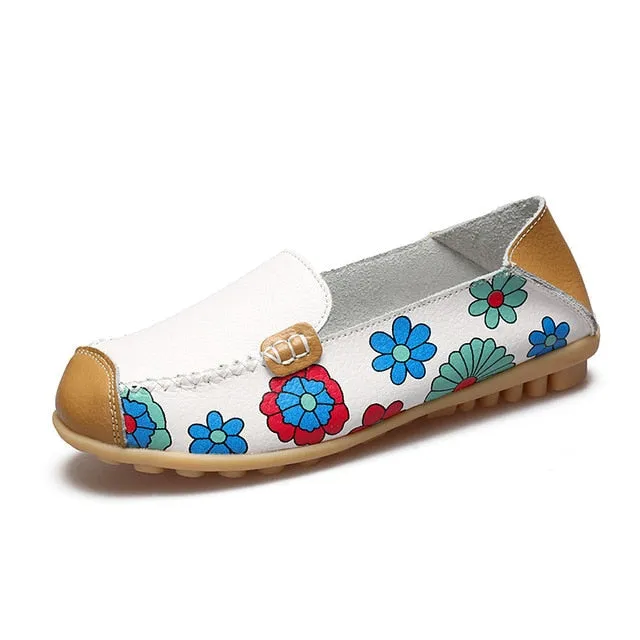 Plardin Cow Muscle Ballet Summer Flower Print Women Genuine Leather Shoes Woman Flat Flexible Nurse Peas Loafer Flats Appliquesm