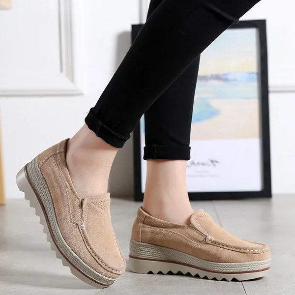 Womens Breathable Suede Round Toe Slip On Platform Shoes