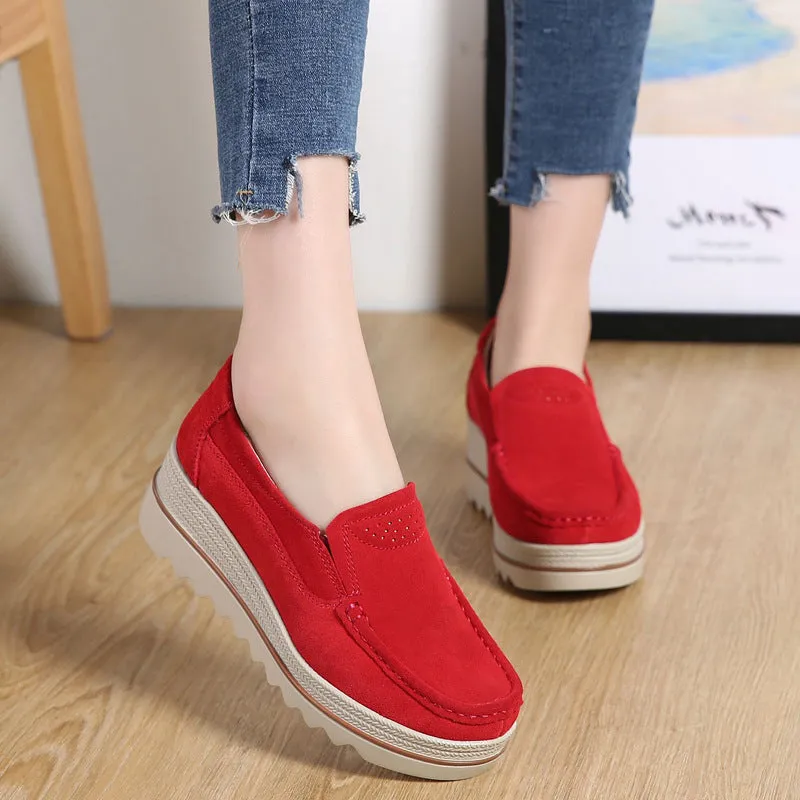 Womens Breathable Suede Round Toe Slip On Platform Shoes