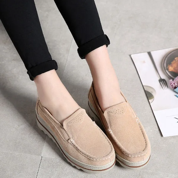 Womens Breathable Suede Round Toe Slip On Platform Shoes