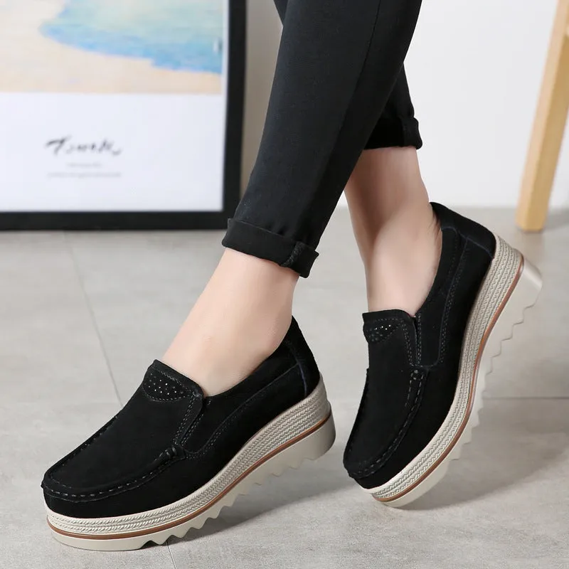 Womens Breathable Suede Round Toe Slip On Platform Shoes