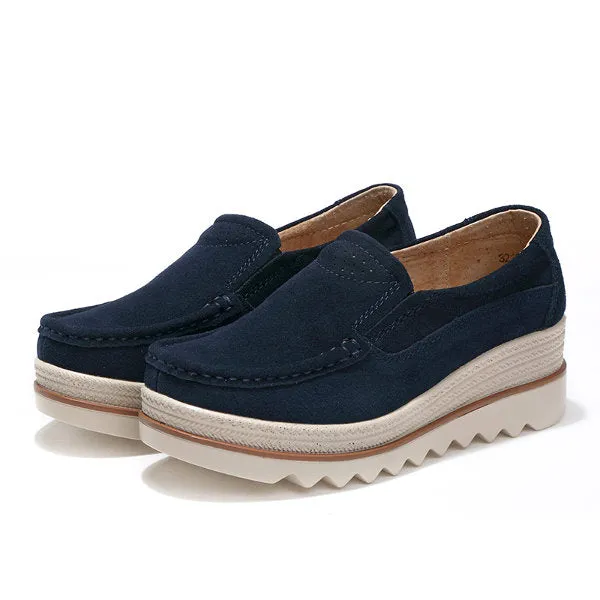 Womens Breathable Suede Round Toe Slip On Platform Shoes