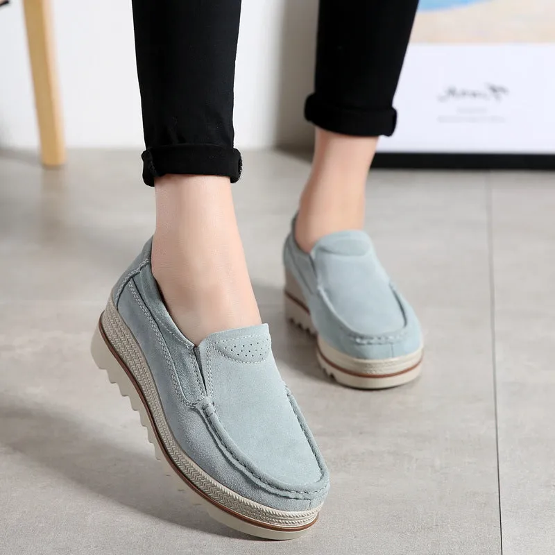 Womens Breathable Suede Round Toe Slip On Platform Shoes